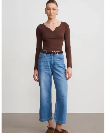 Blugi dama,  talie inalta, croiala larga, denim albastru mediu