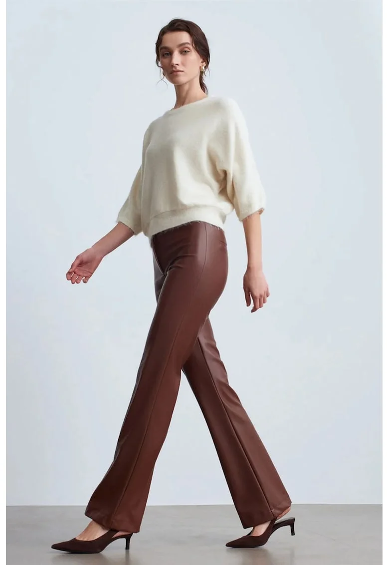 Pantaloni dama,  evazati, piele ecologica, maro castaniu