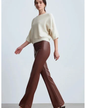 Pantaloni dama,  evazati, piele ecologica, maro castaniu