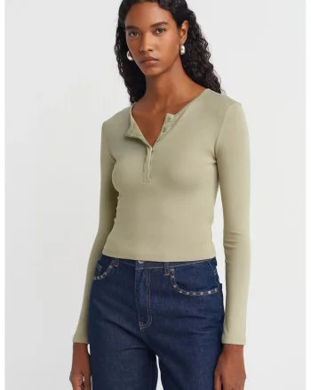 Bluze dama,  Bluza Slim Fit, maneca lunga, verde salvie, bumbac/modal/elastan