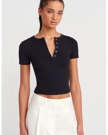 Bluza dama,  Slim Fit Crop, maneca scurta, negru, jerseu