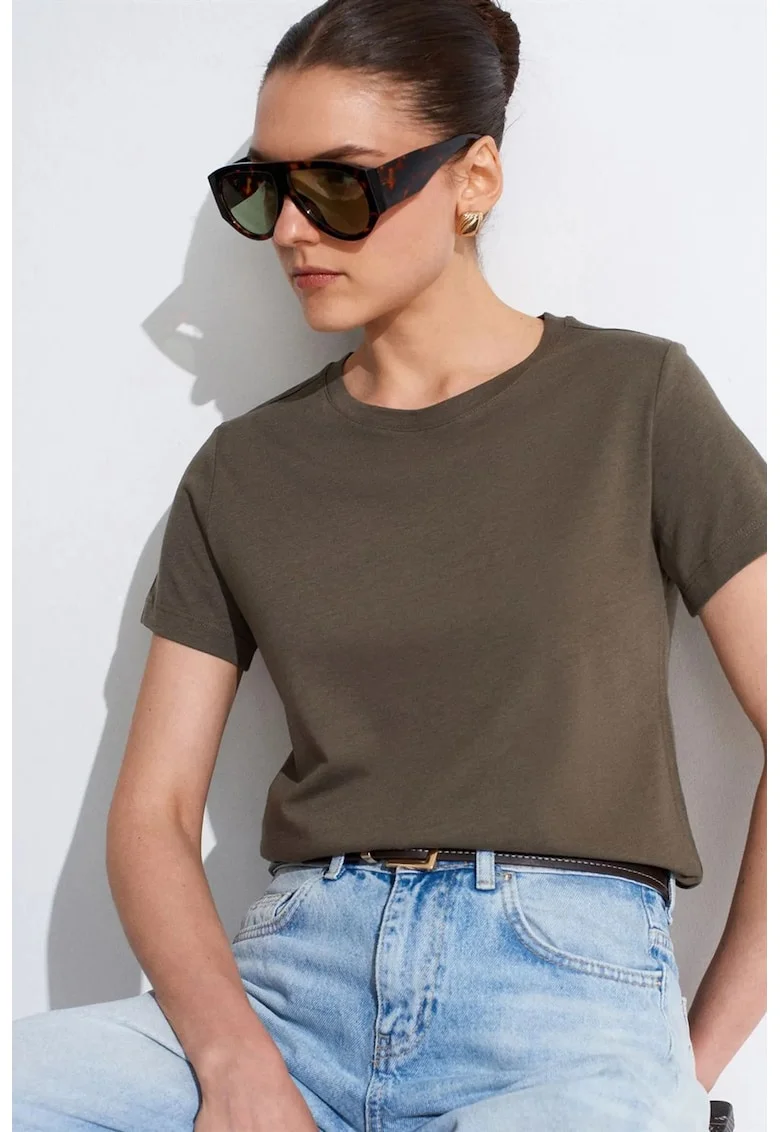 Tricou dama,  regular fit, maneca scurta, verde kaki, bumbac si Tencel