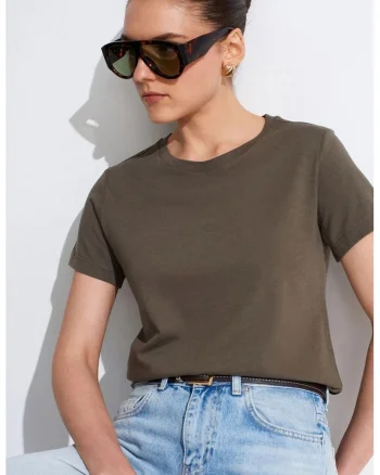 Tricou dama,  regular fit, maneca scurta, verde kaki, bumbac si Tencel