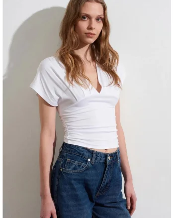 Bluza dama,  slim fit, decolteu in V, alb, viscoza-elastan