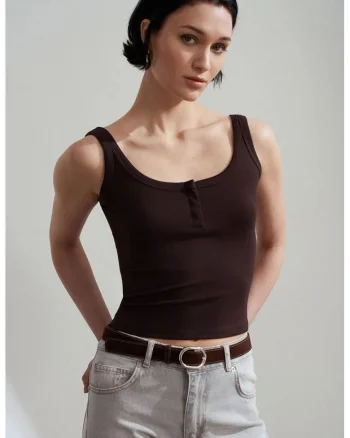 Bluze dama,  Cami Crop, casual, maro cafea, bumbac/modal/elastan