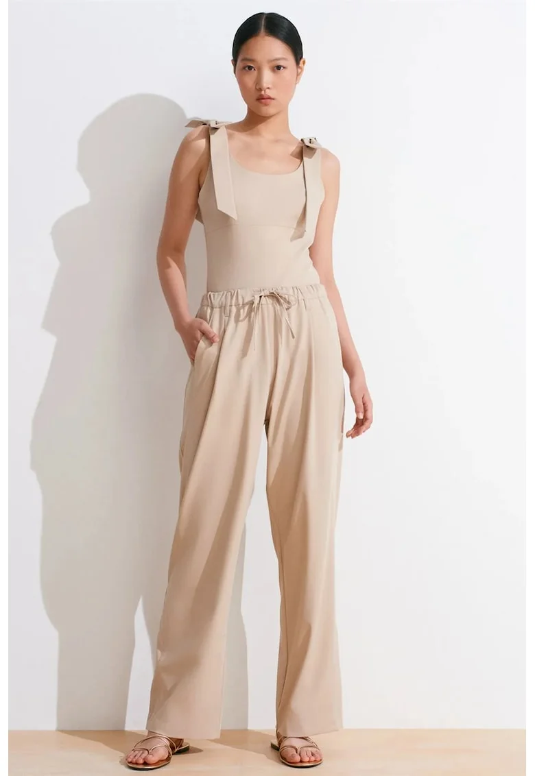 Pantaloni dama,  Wide-Leg Crepe, elastic, bej natural, poliester-viscoza-elastan