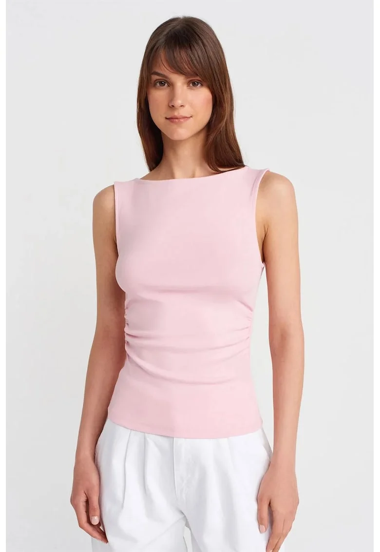 Bluza dama,  bluza din jerseu fara maneci, drapaj, roz pudrat, bumbac-elastan