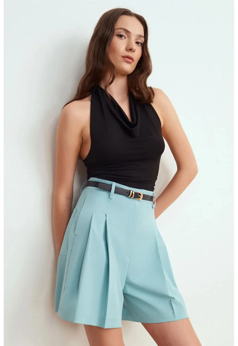 Pantaloni scurti dama,  talie inalta, picior larg, Baby Blue, poliester-viscoza-elastan
