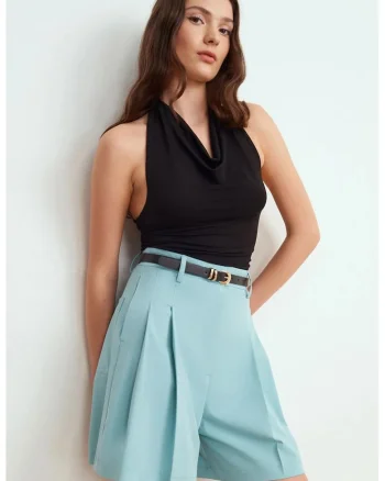 Pantaloni scurti dama,  talie inalta, picior larg, Baby Blue, poliester-viscoza-elastan