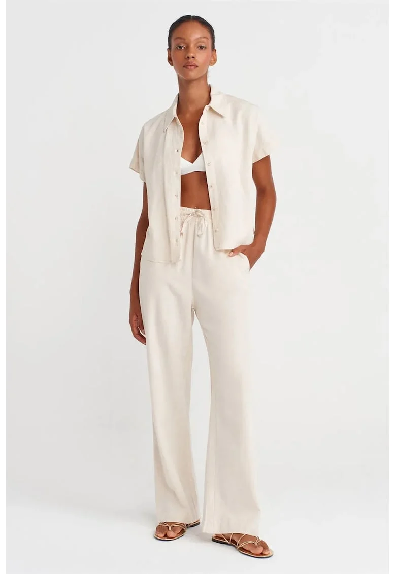 Pantaloni dama,  picior larg, talie cu snur, Oatmeal Natural, 54% viscoza, 32% bumbac, 14% in
