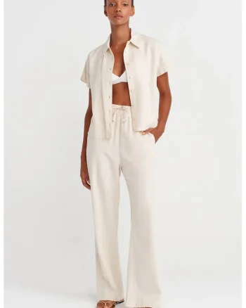 Pantaloni dama,  picior larg, talie cu snur, Oatmeal Natural, 54% viscoza, 32% bumbac, 14% in