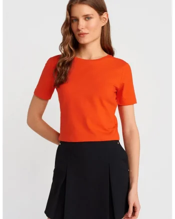 Tricou dama,  Tricou crop slim-fit, portocaliu deschis, elastic, bumbac 96%