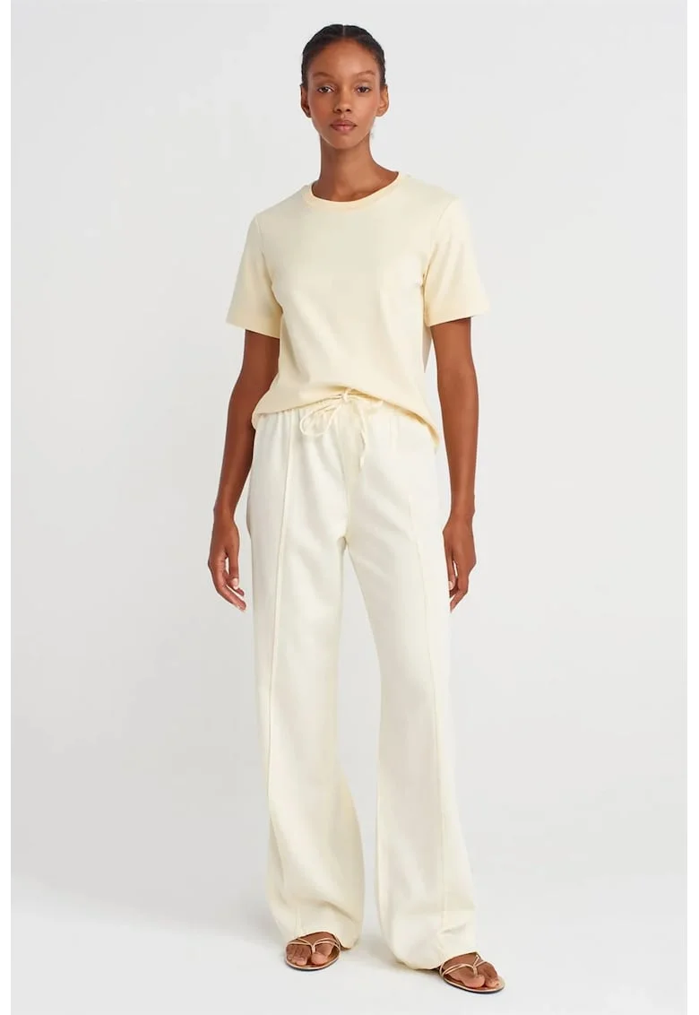 Pantaloni dama,  talie inalta, picior larg, crem, bumbac