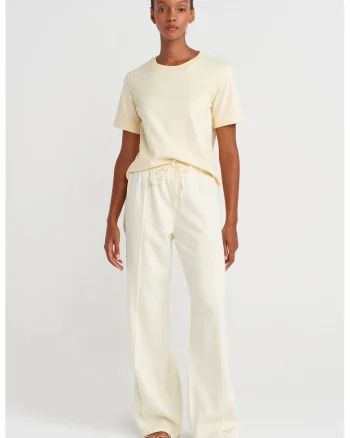 Pantaloni dama,  talie inalta, picior larg, crem, bumbac