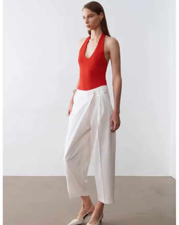 Pantaloni dama,  talie inalta, picior larg, alb, crep