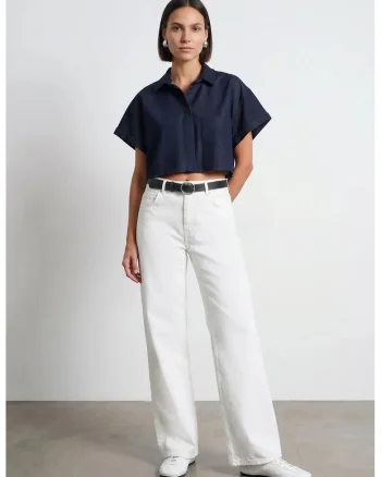 Blugi dama,  talie inalta, picior lat, alb, denim