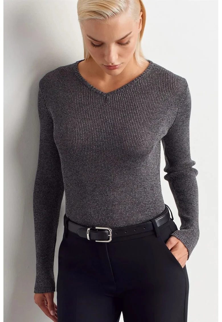 Pulover dama,  slim fit, gri antracit, tricot din poliester si viscoza,