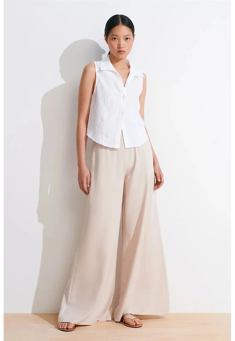 Pantaloni dama,  Palazzo, talie inalta, picior larg, bej natural, Tencel