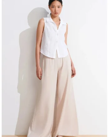 Pantaloni dama,  Palazzo, talie inalta, picior larg, bej natural, Tencel