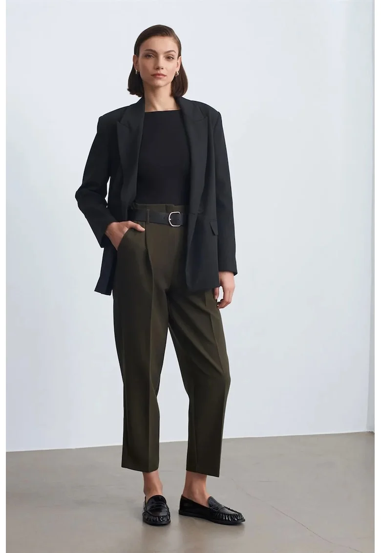 Pantaloni dama,  talie inalta, croiala dreapta, verde masliniu, crep