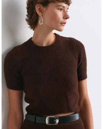 Pulover dama,  cu guler rotund, maneca scurta, elastic, maro, tricot mediu,