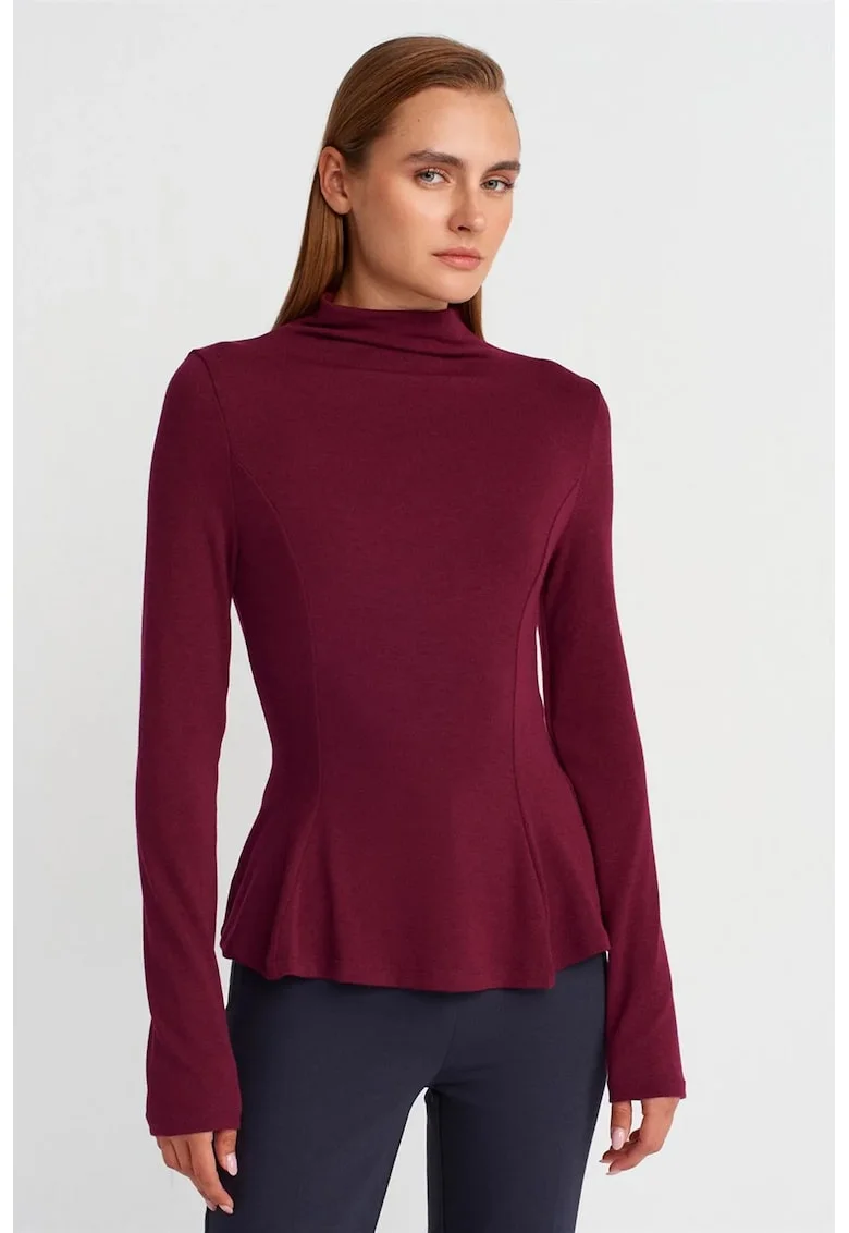 Bluza dama,  peplum mulata, rosu burgundy, poliester-viscoza-elastan
