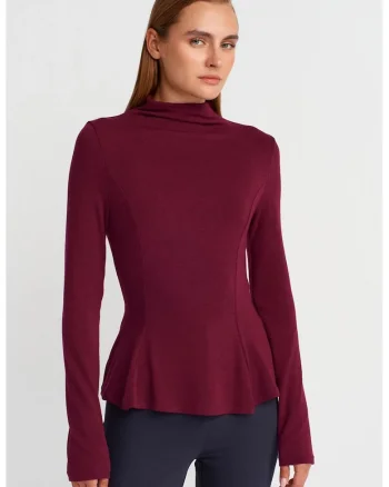 Bluza dama,  peplum mulata, rosu burgundy, poliester-viscoza-elastan