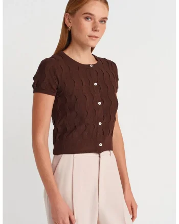 Cardigan scurt,  jacard, maro castaniu, 100% poliamida,