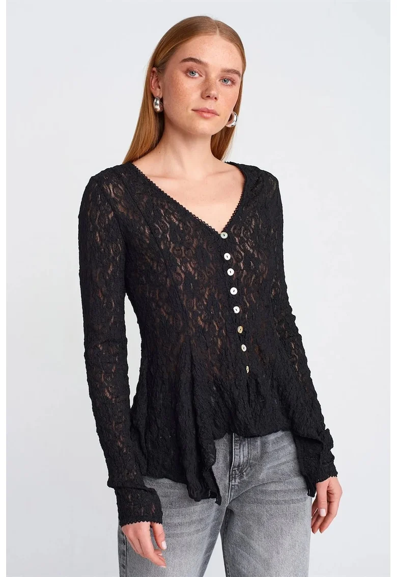 Cardigan  negru, dantela, maneci lungi, inchidere cu nasturi