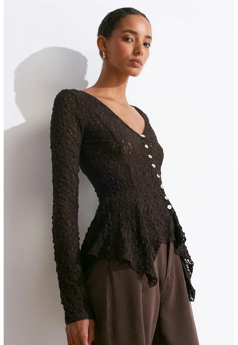 Cardigan dama  negru, dantela, maneci lungi, inchidere cu nasturi