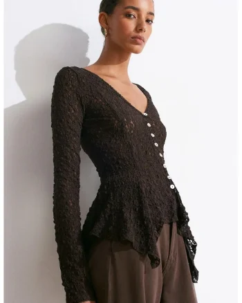 Cardigan dama  negru, dantela, maneci lungi, inchidere cu nasturi