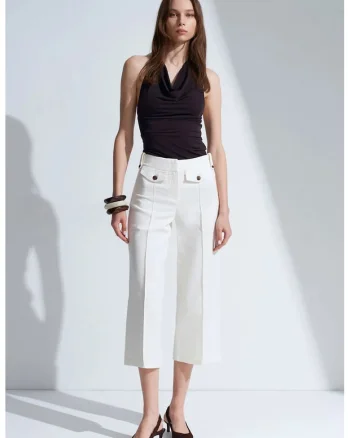 Pantaloni dama,  Capri, talie inalta, alb, bumbac