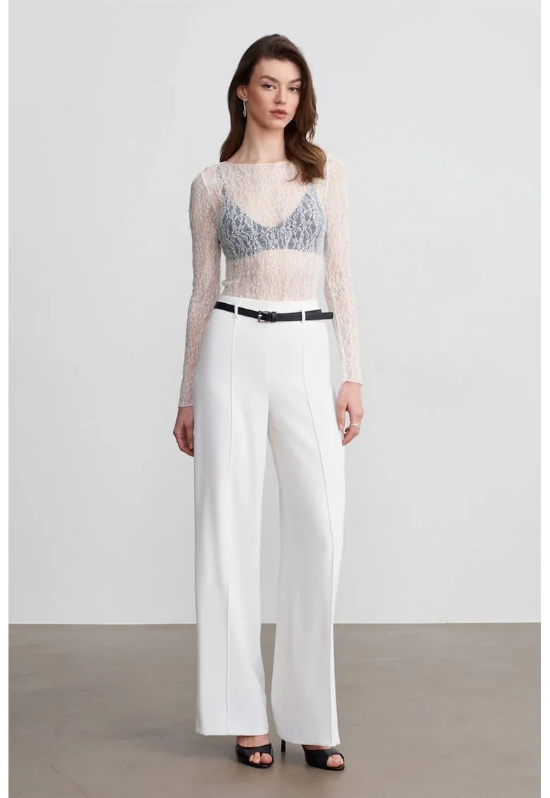 Pantaloni dama,  Crepe cu talie inalta si curea, Alb prafuit, 100% poliester