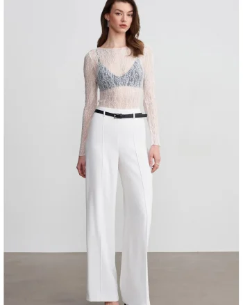 Pantaloni dama,  Crepe cu talie inalta si curea, Alb prafuit, 100% poliester