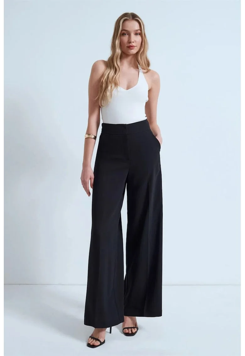 Pantaloni dama,  talie inalta, croiala larga, Negru