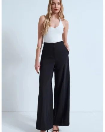 Pantaloni dama,  talie inalta, croiala larga, Negru
