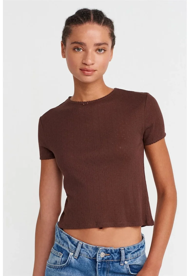 Tricou dama,  slim fit, maneca scurta, maro castaniu, bumbac si modal