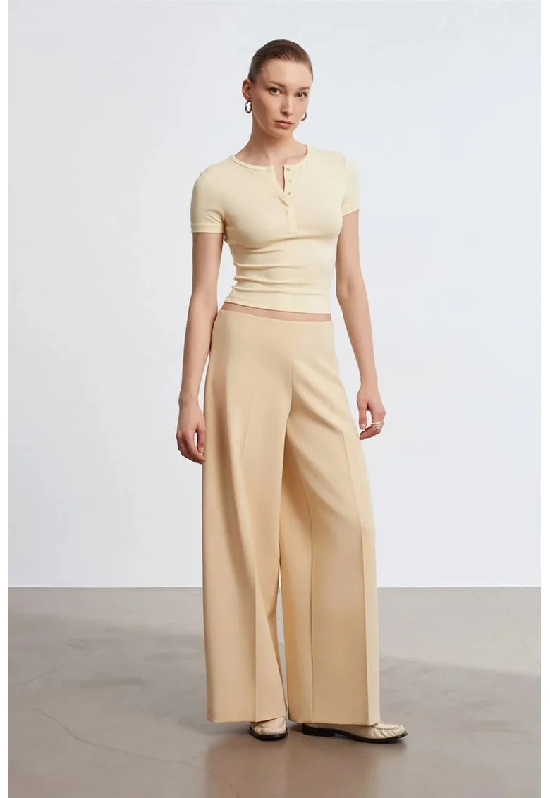 Pantaloni dama,  talie inalta, picior larg, bej natural, Bej Natural