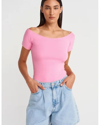 Tricou dama,  slim fit, roz aprins, bumbac/modal/elastan