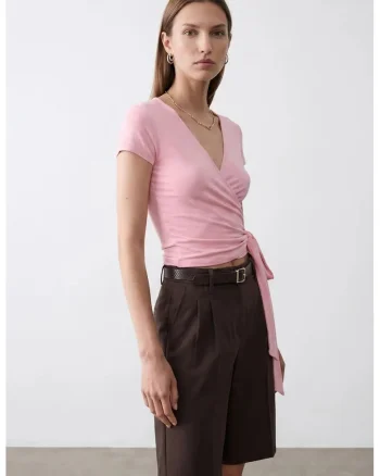 Bluza dama,  bluza scurta tip petrecut, roz pudrat, detalii cu snur, material modal-bumbac-elastan