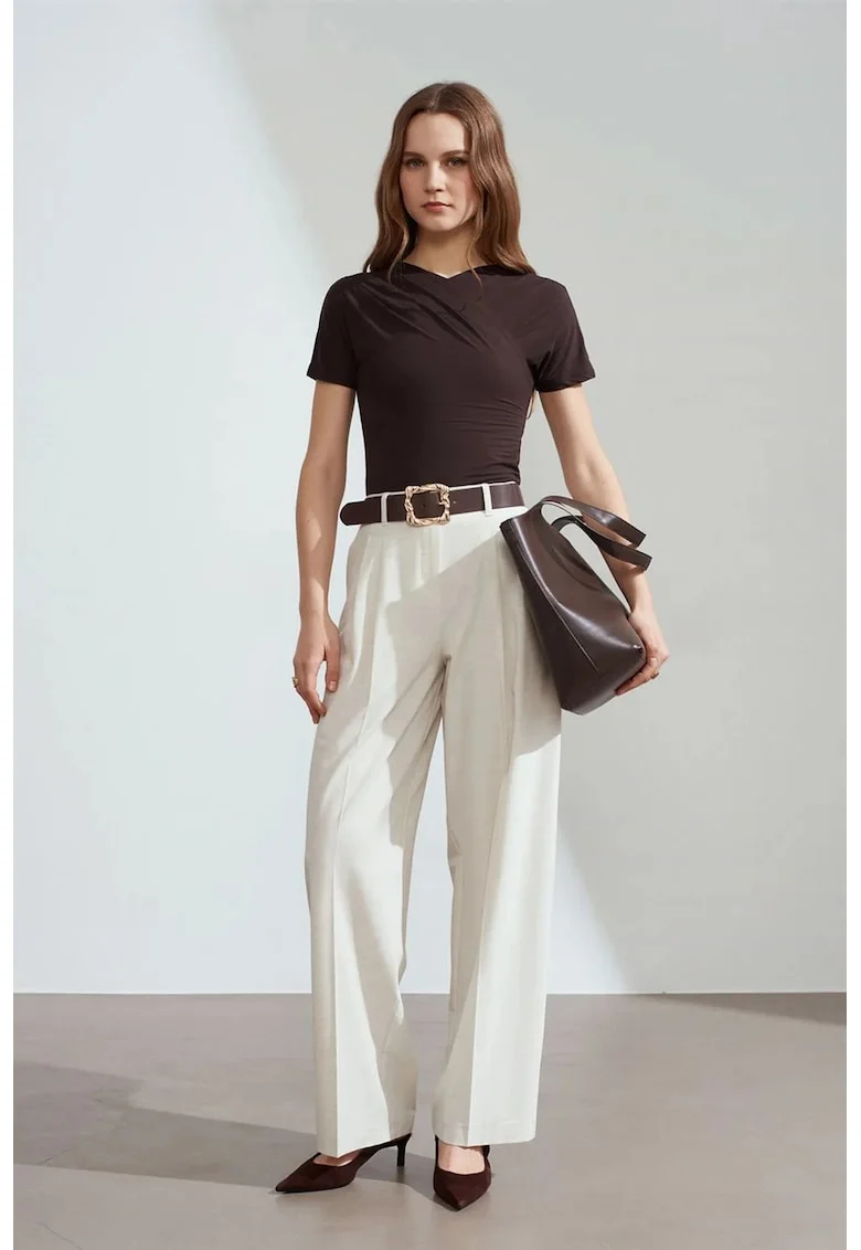 Pantaloni dama,  Palazzo, talie inalta, crem natural, poliester-viscoza-elastan