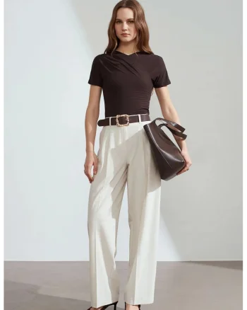 Pantaloni dama,  Palazzo, talie inalta, crem natural, poliester-viscoza-elastan