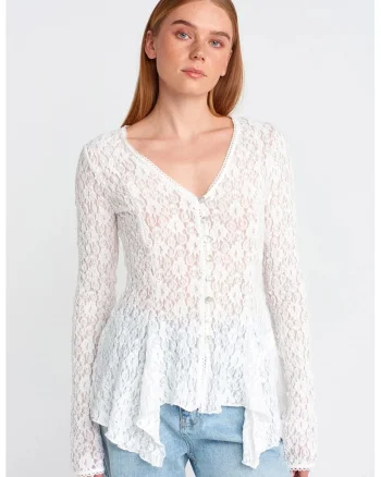 Bluza,  cu decolteu in V, dantela, alb, poliester cu elastan