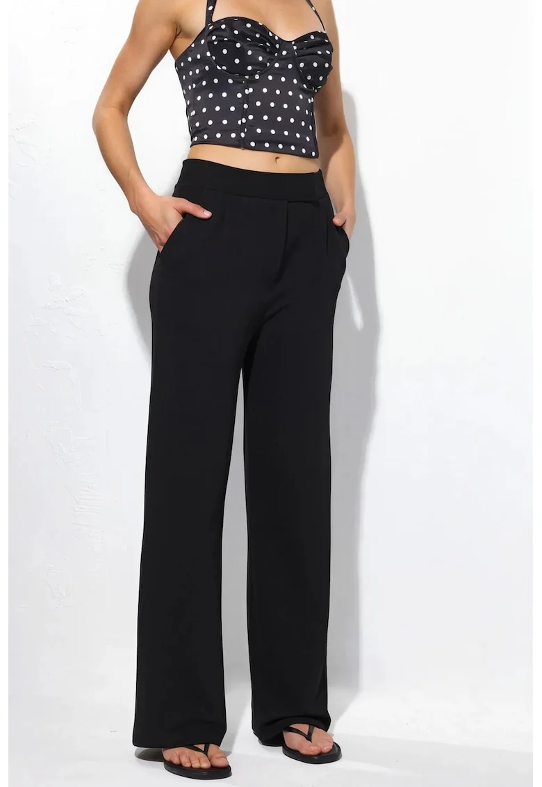 Pantaloni dama,  talie inalta, croiala dreapta, negru, poliester-elastan