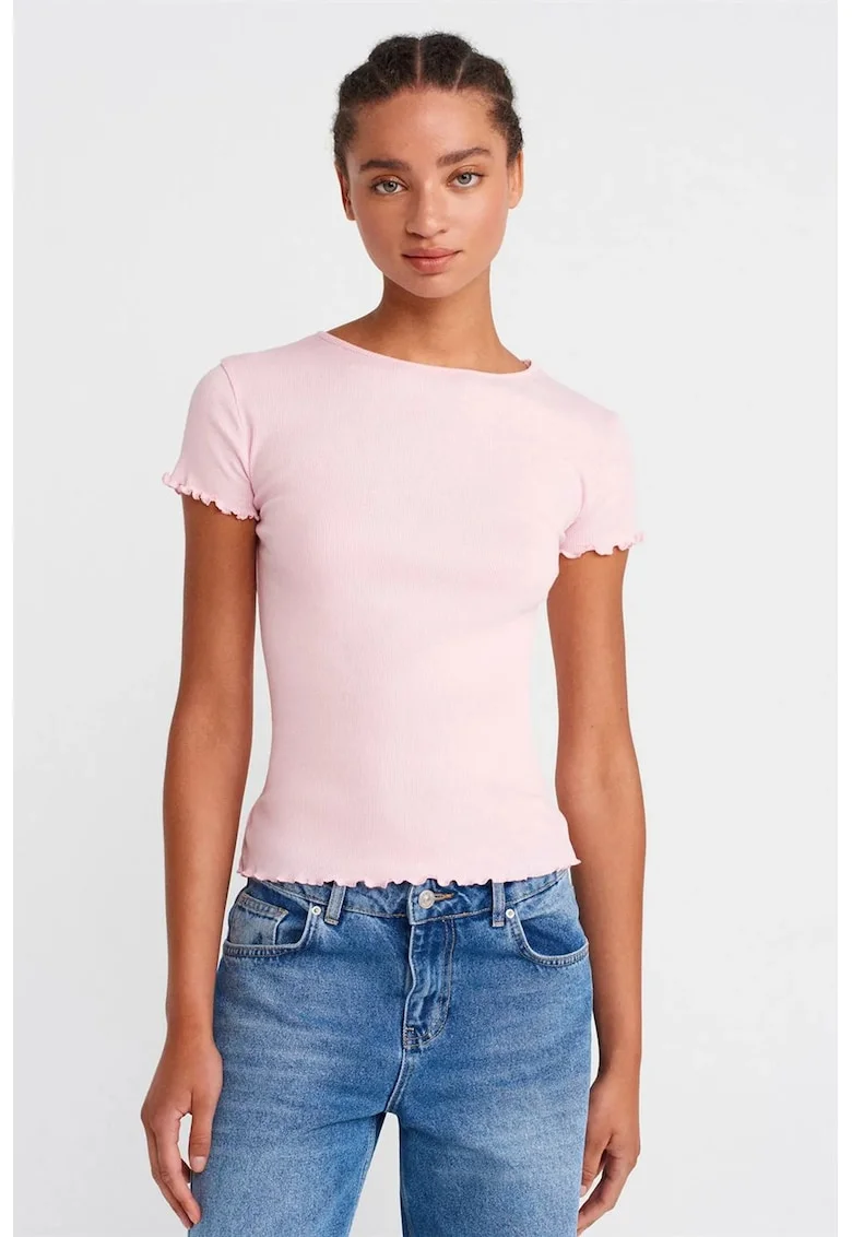 Tricou dama,  slim fit, volanase, roz pudra, 100% bumbac