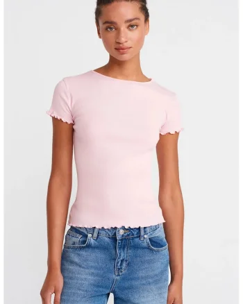 Tricou dama,  slim fit, volanase, roz pudra, 100% bumbac
