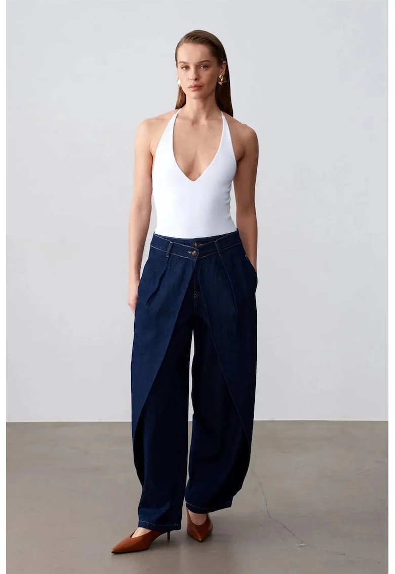 Blugi dama,  talie inalta, croiala larga, denim albastru inchis, 100% bumbac