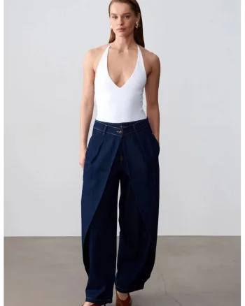 Blugi dama,  talie inalta, croiala larga, denim albastru inchis, 100% bumbac