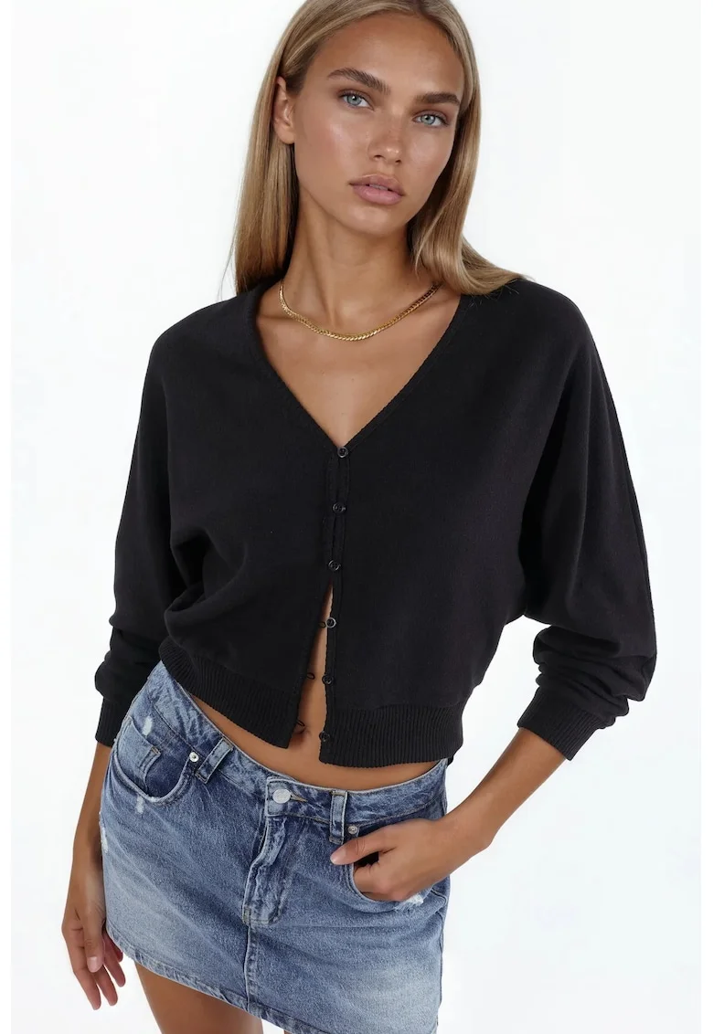 Cardigan scurt  negru, tricot din amestec de bumbac, poliester si elastan, decolteu in V, maneci lungi