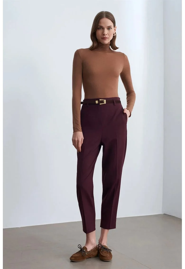 Pantaloni dama,  crep, talie inalta, rosu burgundy, casual